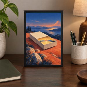 May include: A framed art print featuring a surreal landscape where a white rectangular matchbox sits on a rocky, orange-hued hillside. Inside the open matchbox, a miniature sunset over a calm blue lake and distant mountains is visible.
