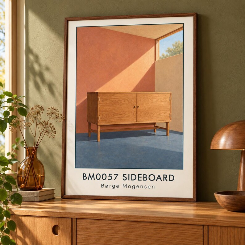 K&ouml;nnte beinhalten: Ein gerahmter Kunstdruck, der ein h&ouml;lzernes Sideboard mit zwei T&uuml;ren auf einem blauen Boden vor einer pfirsichfarbenen Wand zeigt. Der Text BM0057 SIDEBOARD B&oslash;rge Mogensen ist schwarz am unteren Rand des wei&szlig;en Rahmens aufgedruckt.