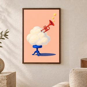 May include: A framed wall art print featuring a surreal illustration on a peach background. A fluffy white cloud sits on a small blue stool, with a red trumpet emerging from the top of the cloud, accompanied by three small yellow floating circles.