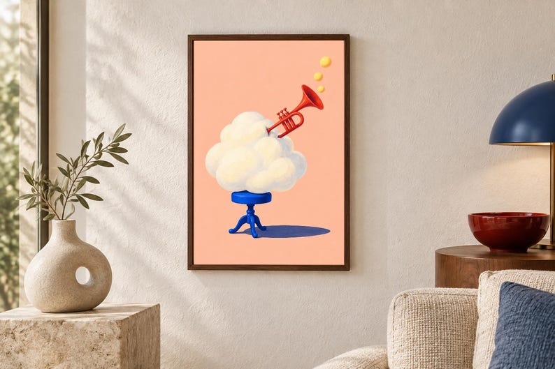 May include: A framed wall art print featuring a surreal illustration on a peach background. A fluffy white cloud sits on a small blue stool, with a red trumpet emerging from the top of the cloud, accompanied by three small yellow floating circles.