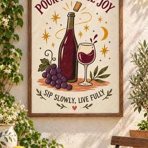 Puede incluir: Una l&aacute;mina art&iacute;stica enmarcada con una botella de vino, una copa de vino tinto y un racimo de uvas moradas. El texto dice "POUR A LITTLE JOY" en la parte superior y "SIP SLOWLY, LIVE FULLY" en la inferior, con estrellas, una luna y un coraz&oacute;n rojo.