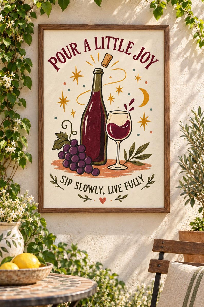 Puede incluir: Una l&aacute;mina art&iacute;stica enmarcada con una botella de vino, una copa de vino tinto y un racimo de uvas moradas. El texto dice "POUR A LITTLE JOY" en la parte superior y "SIP SLOWLY, LIVE FULLY" en la inferior, con estrellas, una luna y un coraz&oacute;n rojo.