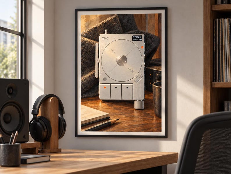 May include: A silver rectangular digital field recorder labeled TP-7 with a circular central dial, three square playback buttons, and a small screen displaying the word TODAY. The device features a side-mounted knob and metallic finish.