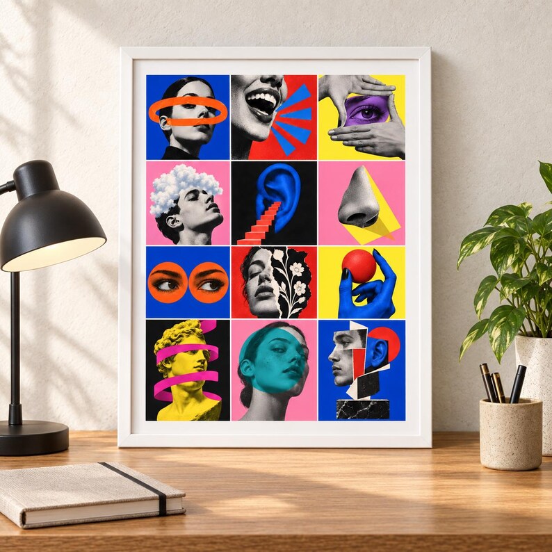 May include: A framed wall art print featuring a grid of twelve surrealist collage panels. The artwork displays various human facial features, including eyes, ears, noses, and mouths, combined with vibrant geometric shapes, flowers, and statues.