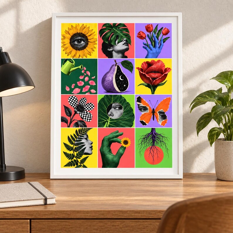 Pu&ograve; includere: Una stampa artistica incorniciata con una griglia di dodici pannelli di collage surrealisti. I riquadri mostrano illustrazioni vivaci, tra cui un girasole con un occhio, una persona dietro una foglia di monstera e una pera con cielo notturno.