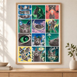 May include: A framed wall art print featuring a grid of twelve surreal illustrations of a grey cat with green eyes. The scenes depict the cat in various fantastical settings, including floating on a crescent moon, inside a teacup, and near stairs.