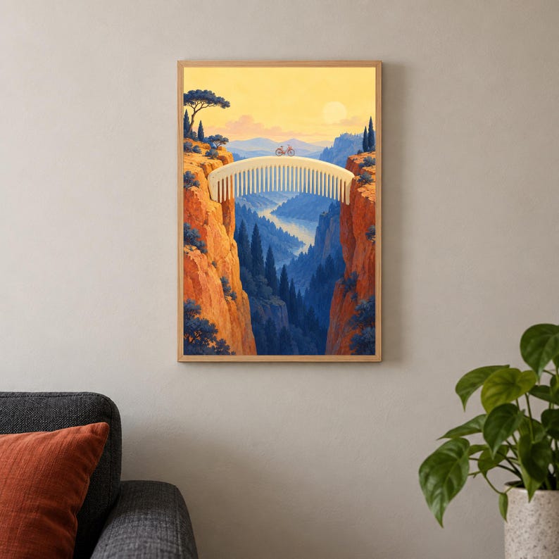 May include: A framed wall art print depicting a surreal landscape where a large, light-colored hair comb serves as a bridge between two orange rocky cliffs. A small bicycle is positioned on the comb, set against a yellow sky and blue valley.