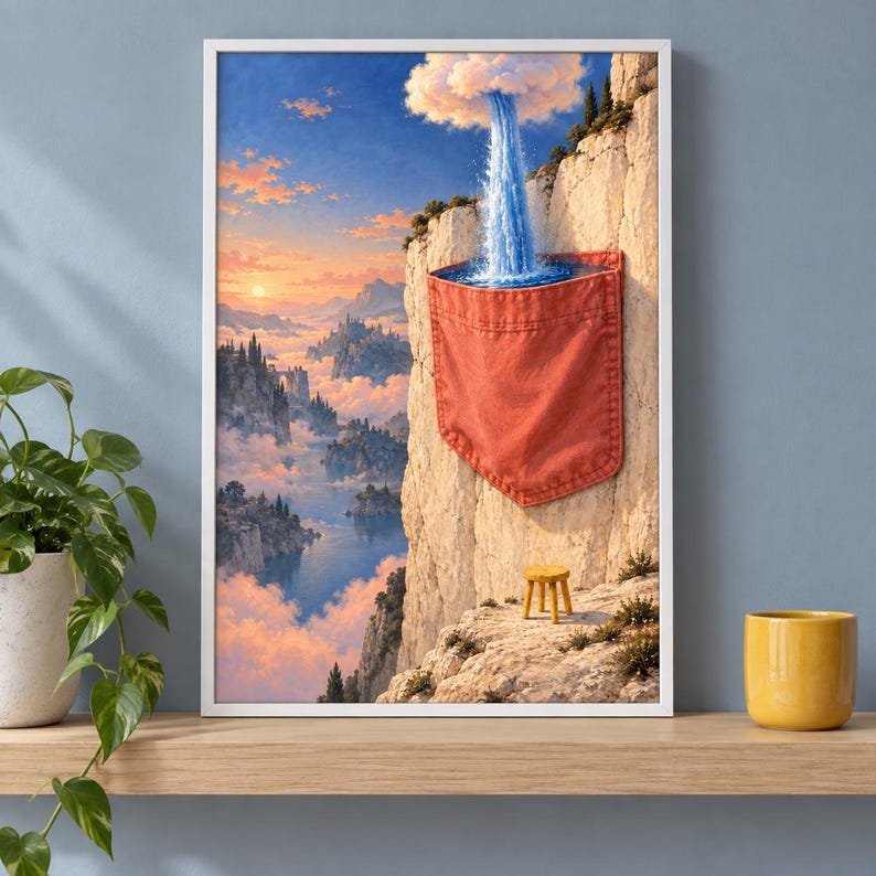 May include: A framed wall art print depicting a surreal landscape with a red fabric pocket attached to a rocky cliff face. A waterfall flows from a cloud into the pocket. A small yellow stool sits on the cliff ledge overlooking a misty valley.