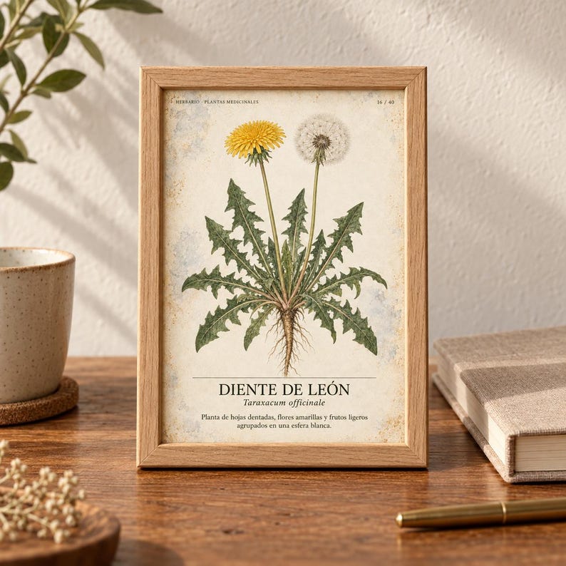 May include: A framed botanical print featuring a dandelion plant with a yellow flower and a white seed head. The text reads DIENTE DE LE&Oacute;N, Taraxacum officinale, and includes a description of the plant's leaves, flowers, and seeds in Spanish.