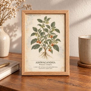 May include: A framed botanical print featuring an illustration of an Ashwagandha plant with green leaves, small reddish fruits, and visible roots. The text reads: HERBARIUM MEDICINAL PLANTS, ASHWAGANDHA, Withania somnifera, A shrub with oval leaves and small reddish fruits, protected by a papery calyx.