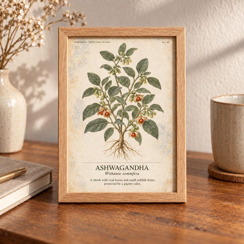 May include: A framed botanical print featuring an illustration of an Ashwagandha plant with green leaves, small reddish fruits, and visible roots. The text reads: HERBARIUM MEDICINAL PLANTS, ASHWAGANDHA, Withania somnifera, A shrub with oval leaves and small reddish fruits, protected by a papery calyx.