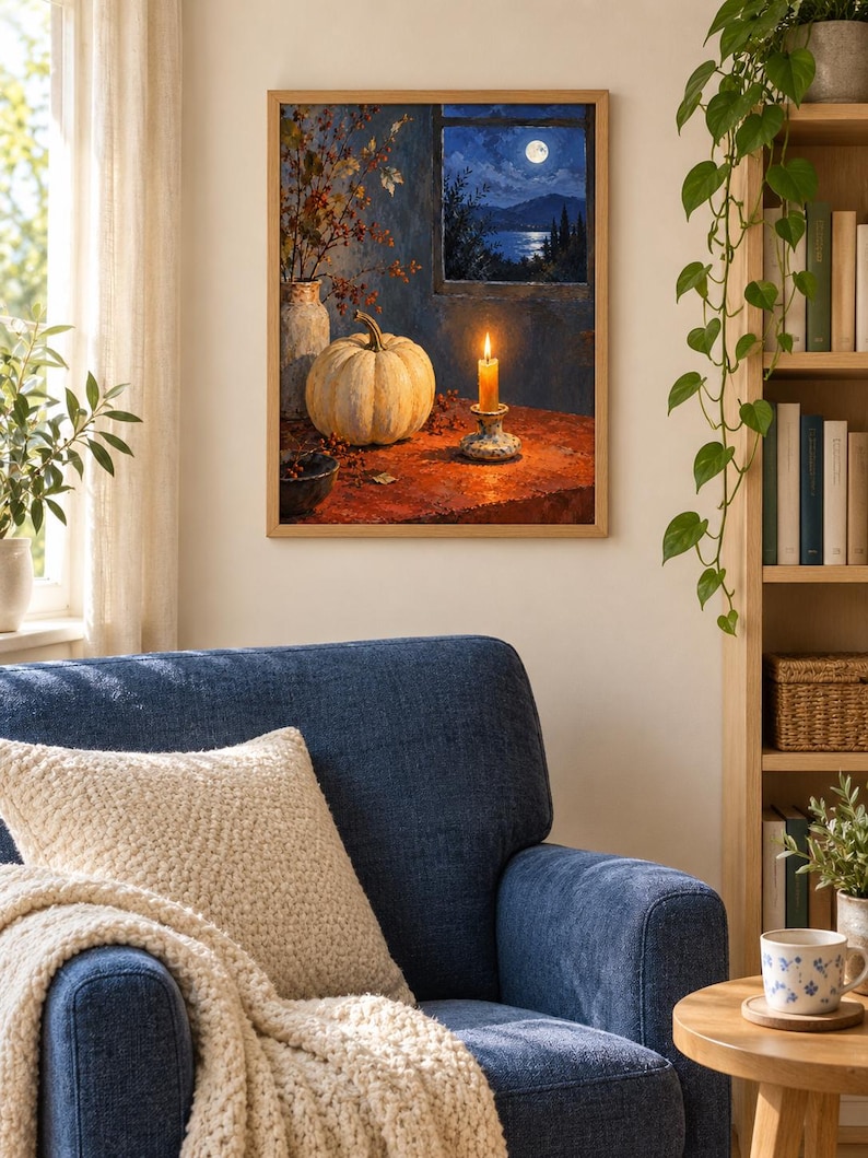 K&ouml;nnte beinhalten: Ein gerahmter Wandkunstdruck, der ein Stillleben mit einem blassen K&uuml;rbis, einer brennenden Kerze im Halter und einer Vase mit Beeren auf einem Tisch zeigt. Durch ein Fenster scheint ein Vollmond &uuml;ber eine dunkelblaue Landschaft.