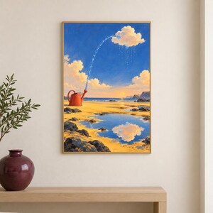 K&ouml;nnte beinhalten: Ein rechteckiger Wandkunstdruck, der eine surreale K&uuml;stenlandschaft bei Sonnenuntergang zeigt. Eine rote Gie&szlig;kanne steht am Sandstrand und spr&uuml;ht einen Wasserstrahl nach oben in eine einzelne flauschige wei&szlig;e Wolke, die auf das Ufer regnet.