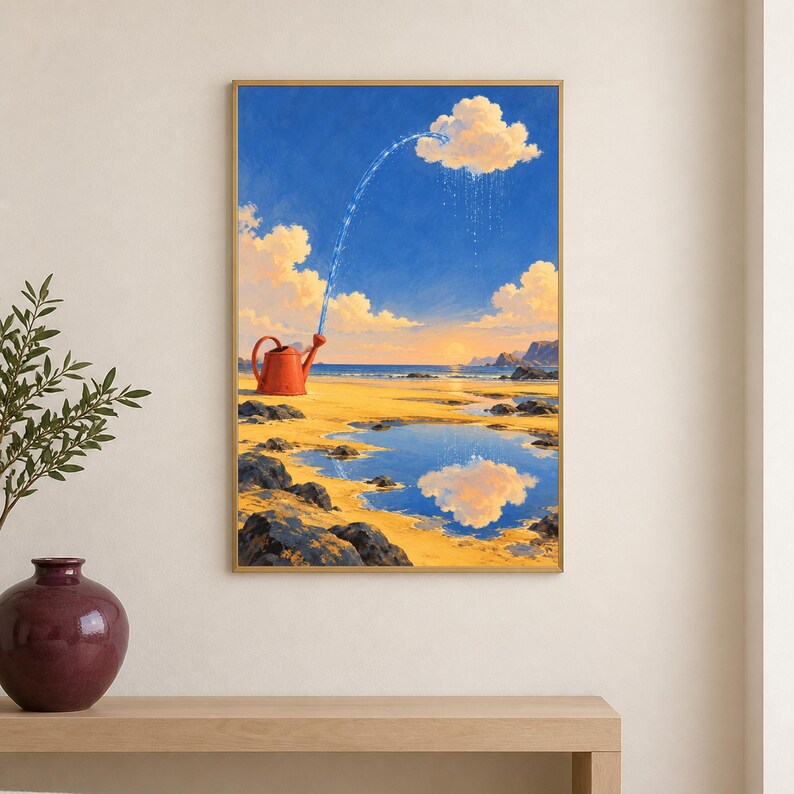 K&ouml;nnte beinhalten: Ein rechteckiger Wandkunstdruck, der eine surreale K&uuml;stenlandschaft bei Sonnenuntergang zeigt. Eine rote Gie&szlig;kanne steht am Sandstrand und spr&uuml;ht einen Wasserstrahl nach oben in eine einzelne flauschige wei&szlig;e Wolke, die auf das Ufer regnet.