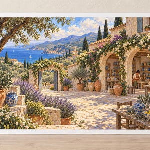 May include: A framed art print depicting a Mediterranean coastal scene with a stone villa, blooming white flowers, lavender bushes, and terracotta pots. A person works at a pottery wheel inside an arched patio, while a blue sea and mountains appear in the distance.