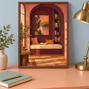 Evening Alcove Wall Art, Painterly Reading Nook Print, A3 Digital Download image 1
