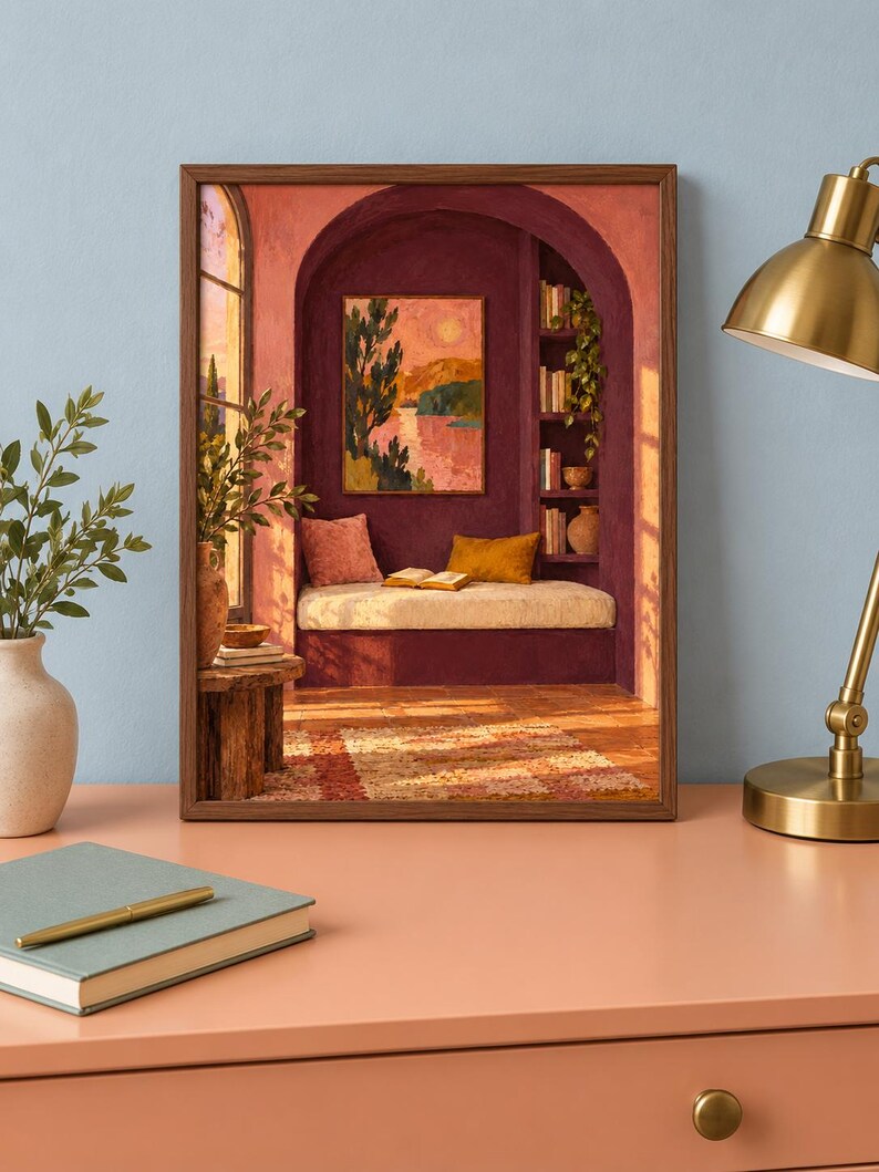 Evening Alcove Wall Art, Painterly Reading Nook Print, A3 Digital Download image 1