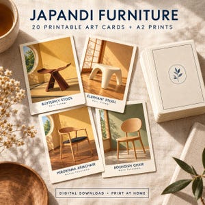 May include: A set of 20 printable art cards and A2 prints titled JAPANDI FURNITURE. The cards feature images of a Butterfly Stool, Elephant Stool, Hiroshima Armchair, and Roundish Chair, with a stack of cards showing a blue leaf illustration.