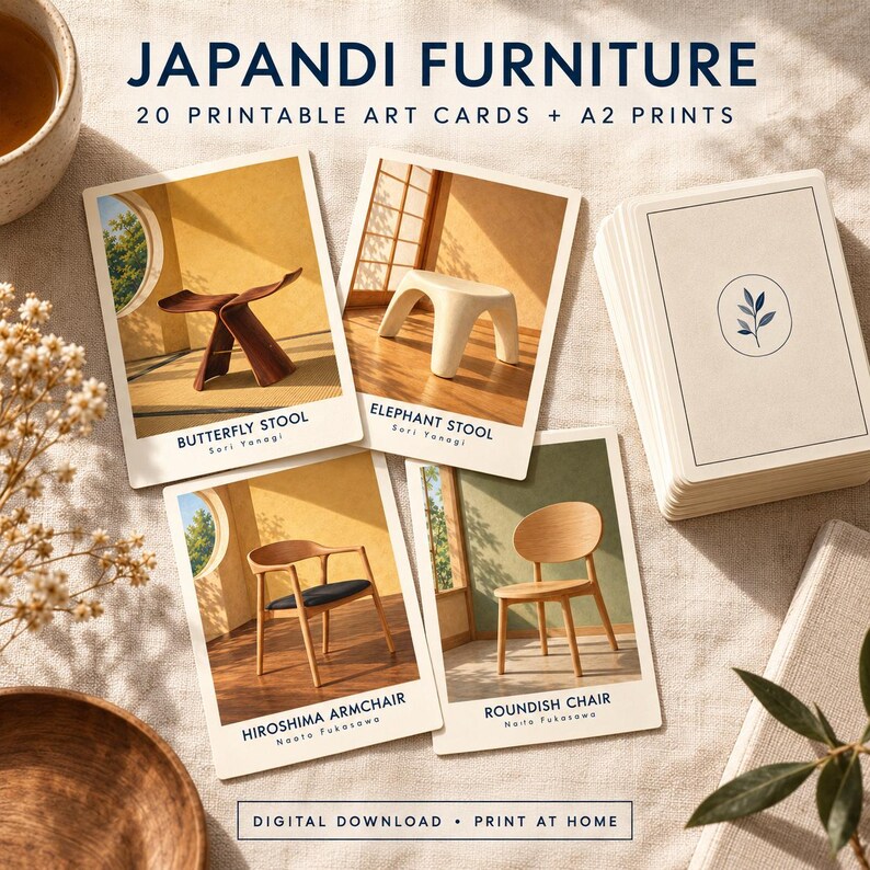 May include: A set of 20 printable art cards and A2 prints titled JAPANDI FURNITURE. The cards feature images of a Butterfly Stool, Elephant Stool, Hiroshima Armchair, and Roundish Chair, with a stack of cards showing a blue leaf illustration.