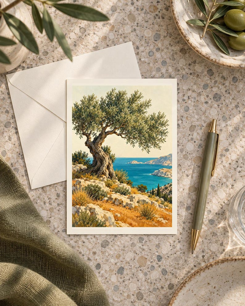May include: A rectangular greeting card featuring a detailed illustration of a gnarled olive tree perched on a rocky, sun-drenched hillside overlooking a vibrant blue sea with distant coastal cliffs under a clear, pale sky.