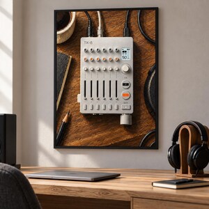 May include: A framed wall print featuring a silver TX-6 portable mixer with multiple faders, knobs, and a small digital display showing the number 50. The mixer is positioned on a dark wooden surface alongside a coffee cup, a notebook, and a pencil.