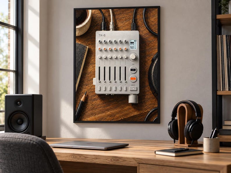 May include: A framed wall print featuring a silver TX-6 portable mixer with multiple faders, knobs, and a small digital display showing the number 50. The mixer is positioned on a dark wooden surface alongside a coffee cup, a notebook, and a pencil.