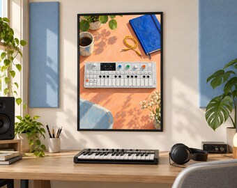 Op de afbeelding: Een ingelijste wandprint met een bovenaanzicht van een witte draagbare synthesizer met een toetsenbord, kleurrijke knoppen en een klein scherm, geplaatst op een oranje oppervlak naast een blauw notitieboek, een gele kabel en een kop koffie.