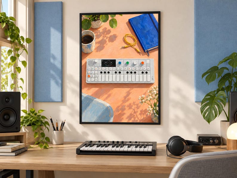 Pu&ograve; includere: Una stampa da parete incorniciata che mostra una vista dall'alto di un sintetizzatore portatile bianco con tastiera, manopole colorate e un piccolo schermo, posizionato su una superficie arancione accanto a un taccuino blu, un cavo giallo e una tazza di caff&egrave;.