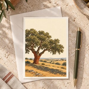 Op de afbeelding: Een rechthoekige wenskaart met een gedrukte illustratie van een grote kurkeik met een roodbruine stam in een goudkleurig veld. Het landschap bevat glooiende heuvels, bomen in de verte en een klein huis onder een bleke lucht.