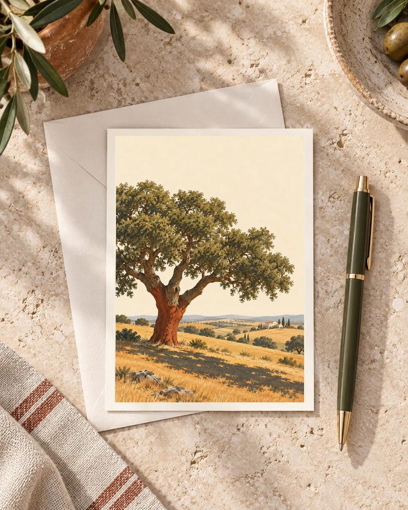 Op de afbeelding: Een rechthoekige wenskaart met een gedrukte illustratie van een grote kurkeik met een roodbruine stam in een goudkleurig veld. Het landschap bevat glooiende heuvels, bomen in de verte en een klein huis onder een bleke lucht.
