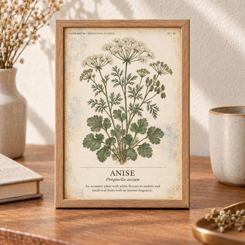 K&ouml;nnte beinhalten: Ein gerahmter botanischer Druck einer Anispflanze mit gr&uuml;nen Bl&auml;ttern und wei&szlig;en Bl&uuml;ten. Der Text lautet HERBARIUM MEDICINAL PLANTS 20/40, ANISE, Pimpinella anisum, sowie eine Beschreibung der Pflanze auf cremefarbenem Hintergrund mit hellem Holzrahmen.