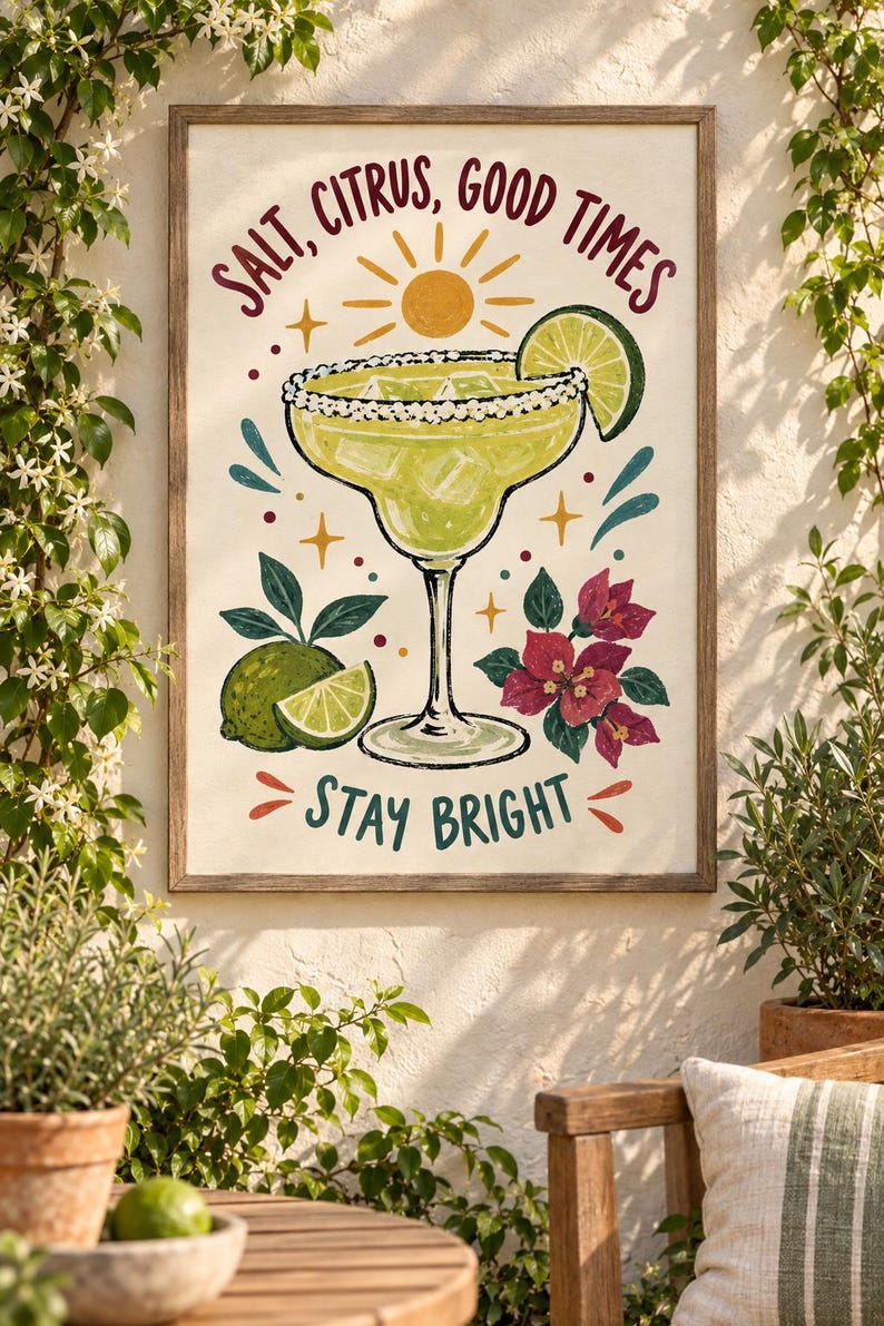 May include: A framed wall art print featuring a margarita in a glass with a salted rim, a lime wedge, and ice cubes. The text reads SALT, CITRUS, GOOD TIMES and STAY BRIGHT. The illustration includes a yellow sun, green limes, and pink flowers.