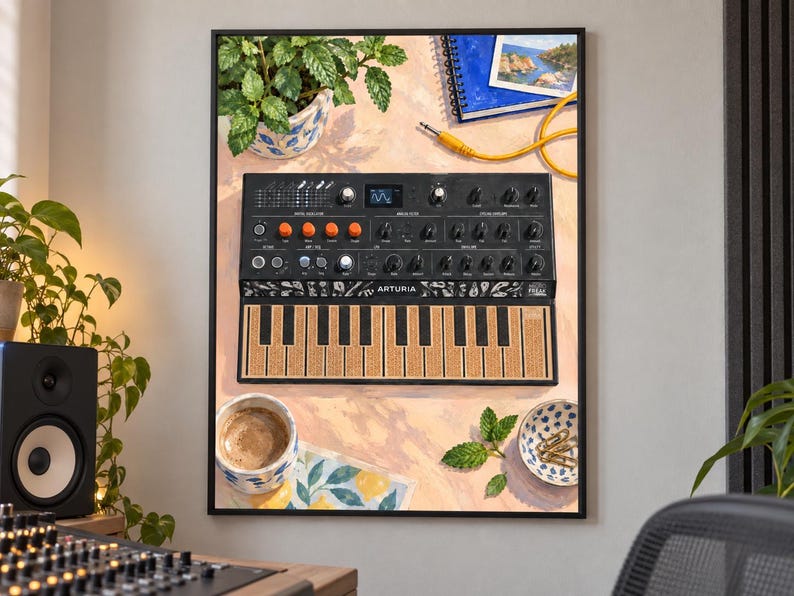 May include: A framed art print depicting an Arturia MicroFreak synthesizer with a black chassis, orange knobs, and a textured keyboard. The illustration includes a potted plant, a coffee cup, a small bowl with paperclips, and a blue notebook.