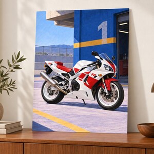 May include: A white and red sport motorcycle with R1 branding parked in front of a blue wall featuring a large number 1. The motorcycle has a silver exhaust pipe, white wheels, and a sleek fairing design, positioned on a paved surface.