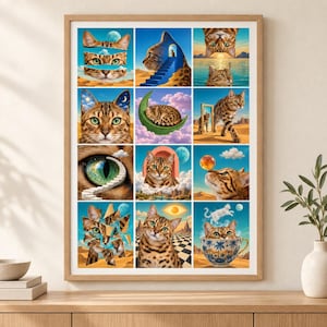 May include: A framed wall art print featuring a grid of twelve surreal illustrations of brown spotted cats. The images depict cats in various dreamlike desert landscapes, including cats with starry ears, a cat in a teacup, and a cat eye with stairs.