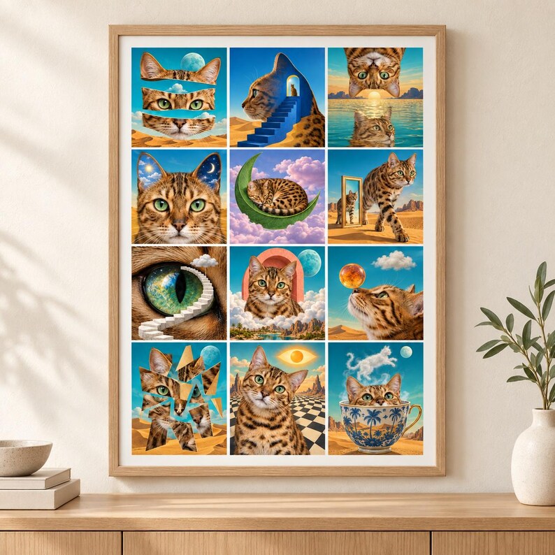 May include: A framed wall art print featuring a grid of twelve surreal illustrations of brown spotted cats. The images depict cats in various dreamlike desert landscapes, including cats with starry ears, a cat in a teacup, and a cat eye with stairs.