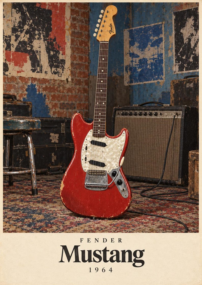 May include: A red Fender Mustang electric guitar with a white pearloid pickguard, a maple neck, and a rosewood fretboard. The body shows signs of wear with visible paint chips. The text FENDER Mustang 1964 is printed at the bottom.