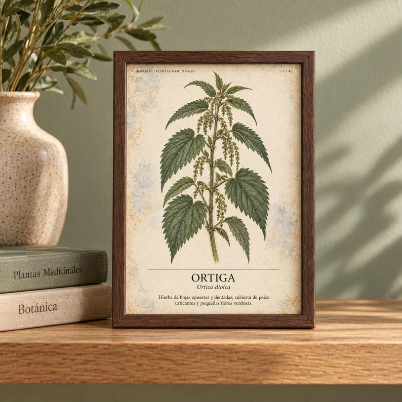Puede incluir: Una l&aacute;mina bot&aacute;nica enmarcada con una ilustraci&oacute;n detallada de una planta de ortiga con hojas verdes y flores peque&ntilde;as. El texto dice "HERBARIO PLANTAS MEDICINALES", "17/40", "ORTIGA", "Urtica dioica" y una descripci&oacute;n en espa&ntilde;ol.