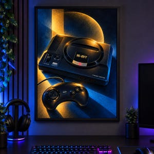 Puede incluir: Una impresi&oacute;n de arte de pared enmarcada que muestra una consola de juegos Sega Mega Drive negra y un mando a juego. La consola muestra el texto 16-BIT en letras doradas. La obra est&aacute; sobre un fondo oscuro con una iluminaci&oacute;n azul y naranja dram&aacute;tica.