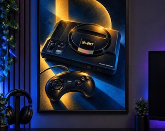 Sega Mega Drive Luminous Art Print, Retro Console Gamer Decor (A2 Digital Download)
