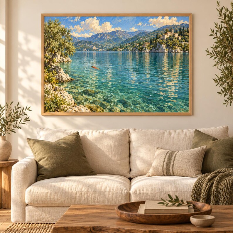May include: A rectangular landscape wall art print featuring a clear turquoise lake surrounded by rocky cliffs and distant mountains under a bright blue sky with white clouds. A small person is swimming in the center of the calm, sunlit water.