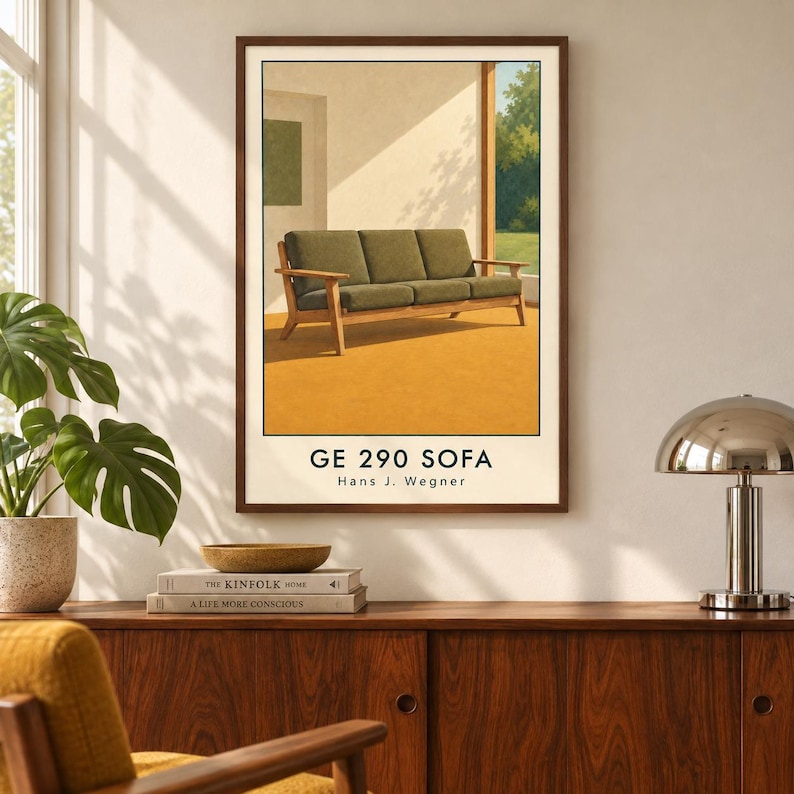 May include: A framed wall art print featuring a mid-century modern style sofa with olive green cushions and a light wood frame. The illustration depicts the GE 290 SOFA by Hans J. Wegner set against a warm yellow floor and a sunlit interior.