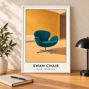 May include: A framed art print featuring a teal-colored Swan chair with a metal base, set against a warm yellow and orange background. The text SWAN CHAIR and Arne Jacobsen is printed in black at the bottom of the white-bordered poster.