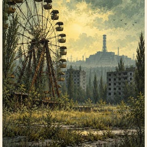 May include: A poster featuring a rusted Ferris wheel in the foreground, overgrown vegetation, and abandoned concrete buildings under a cloudy sky. In the distance, a large industrial structure is visible. The text reads Chernobyl 2019.