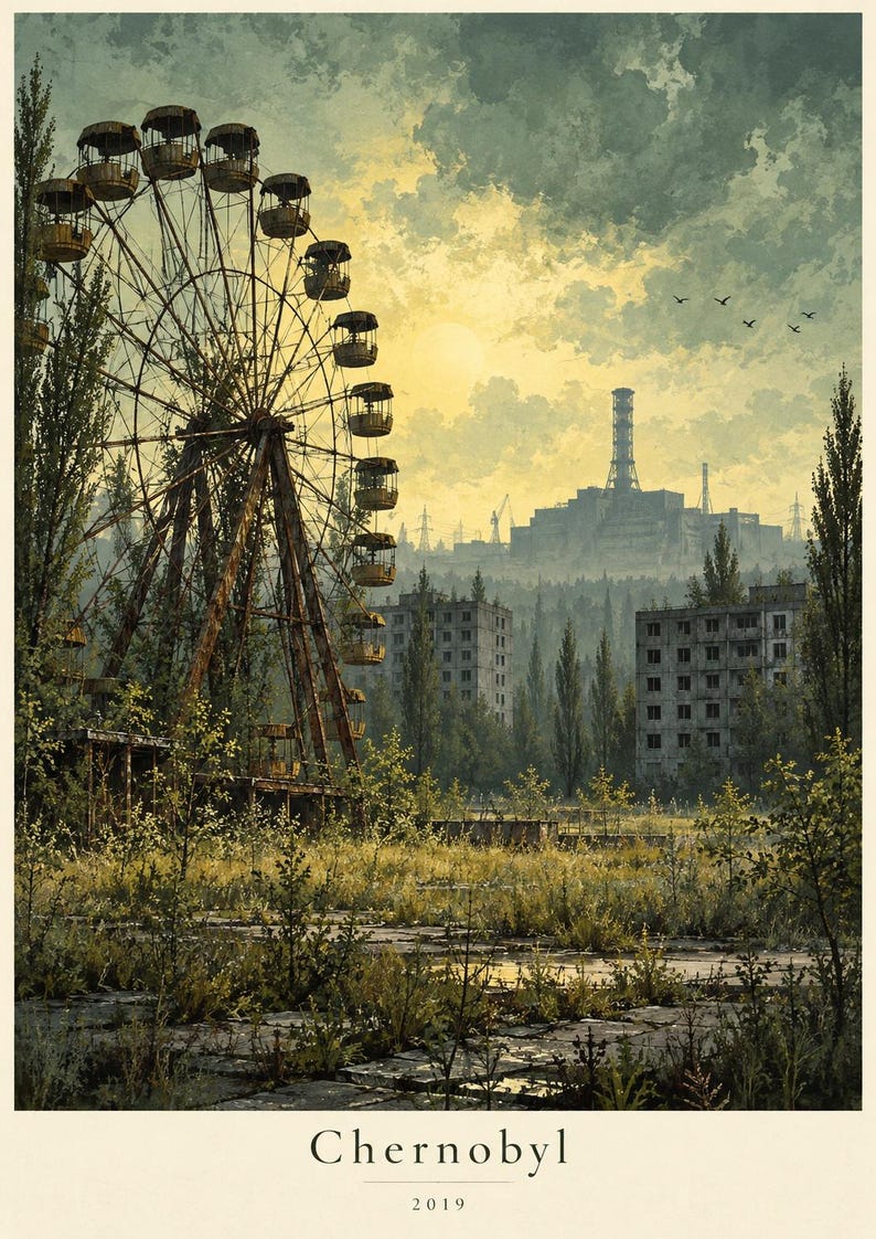 May include: A poster featuring a rusted Ferris wheel in the foreground, overgrown vegetation, and abandoned concrete buildings under a cloudy sky. In the distance, a large industrial structure is visible. The text reads Chernobyl 2019.