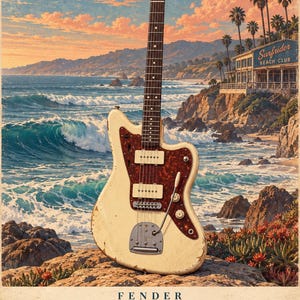 May include: A cream-coloured Fender Jazzmaster electric guitar with a tortoiseshell pickguard, positioned on a rocky cliff overlooking a coastal scene with the Surfrider Beach Club. The text Fender Jazzmaster 1958 is printed at the bottom.