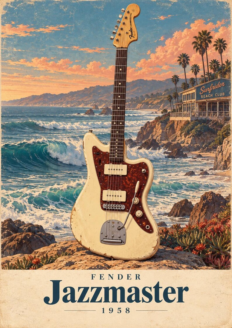 May include: A cream-coloured Fender Jazzmaster electric guitar with a tortoiseshell pickguard, positioned on a rocky cliff overlooking a coastal scene with the Surfrider Beach Club. The text Fender Jazzmaster 1958 is printed at the bottom.