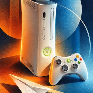 May include: A white video game console with a glowing green power button and a matching white wireless controller featuring multi-colored action buttons, accompanied by a white paper airplane, set against a blue and orange gradient background.