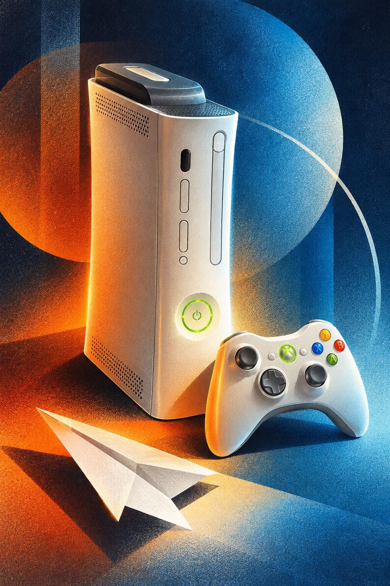May include: A white video game console with a glowing green power button and a matching white wireless controller featuring multi-colored action buttons, accompanied by a white paper airplane, set against a blue and orange gradient background.