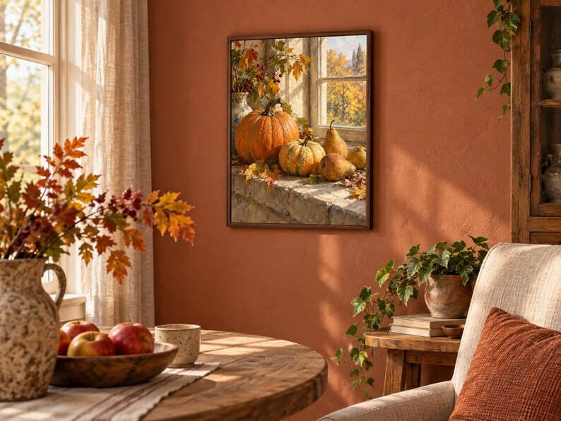 May include: A square framed wall art print depicting a still life scene of orange pumpkins and yellow pears resting on a stone windowsill. The image shows autumn foliage and a window view of trees, rendered in warm, seasonal colors and textures.